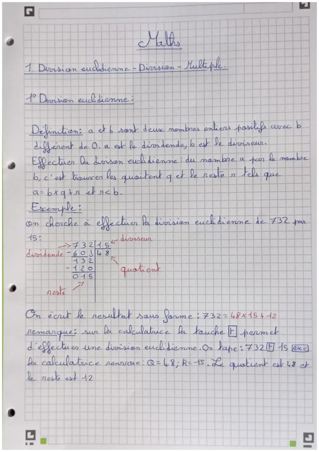 J!
ง
Maths
1. Division euchdienne - Division - Multiple.
1° Division euchidienne :
Crec
b
Definition: a et 6 sont deux membres entiers posit