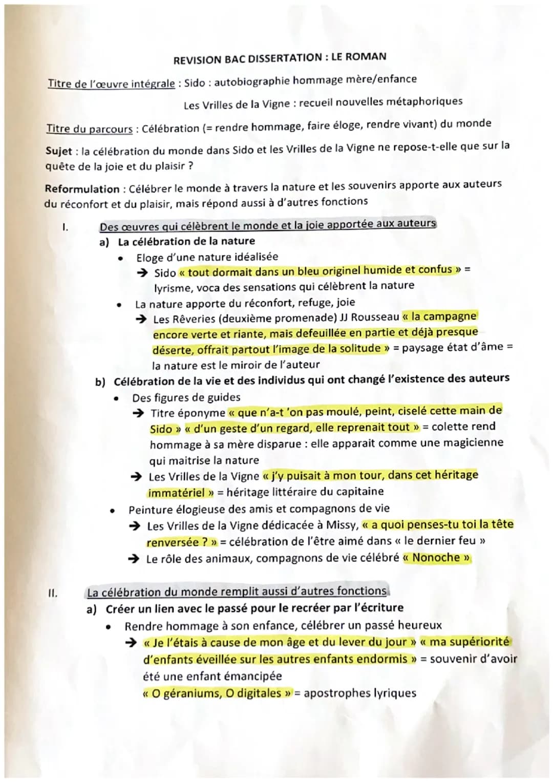 REVISION BAC DISSERTATION : LE ROMAN
Titre de l'œuvre intégrale : Sido: autobiographie hommage mère/enfance
Les Vrilles de la Vigne : recuei