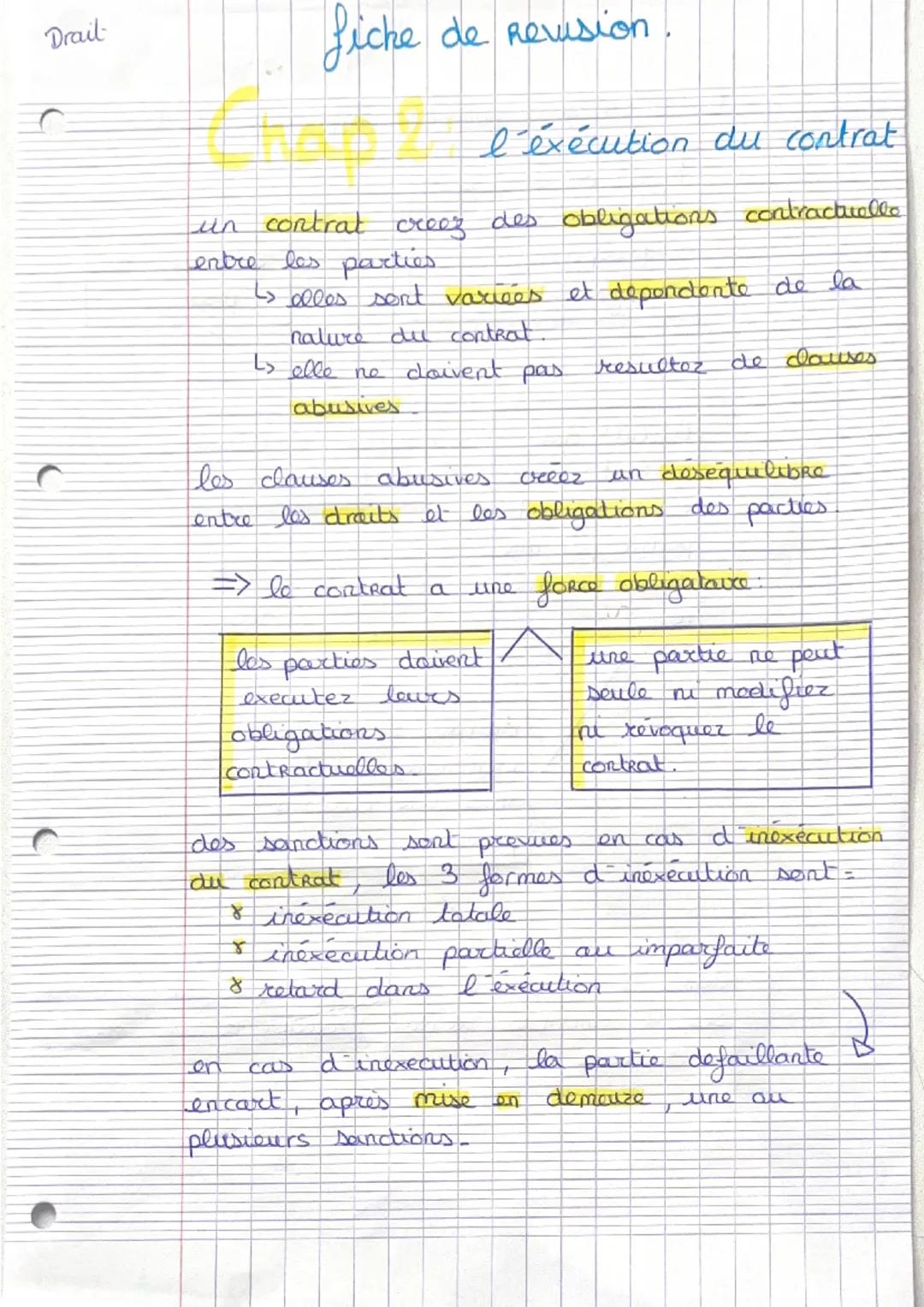 Drail
fiche de Revision
l'exécution du contrat
un contrat creez des obligations contractitallo
entre les parties
↳ elles sont variées et dep