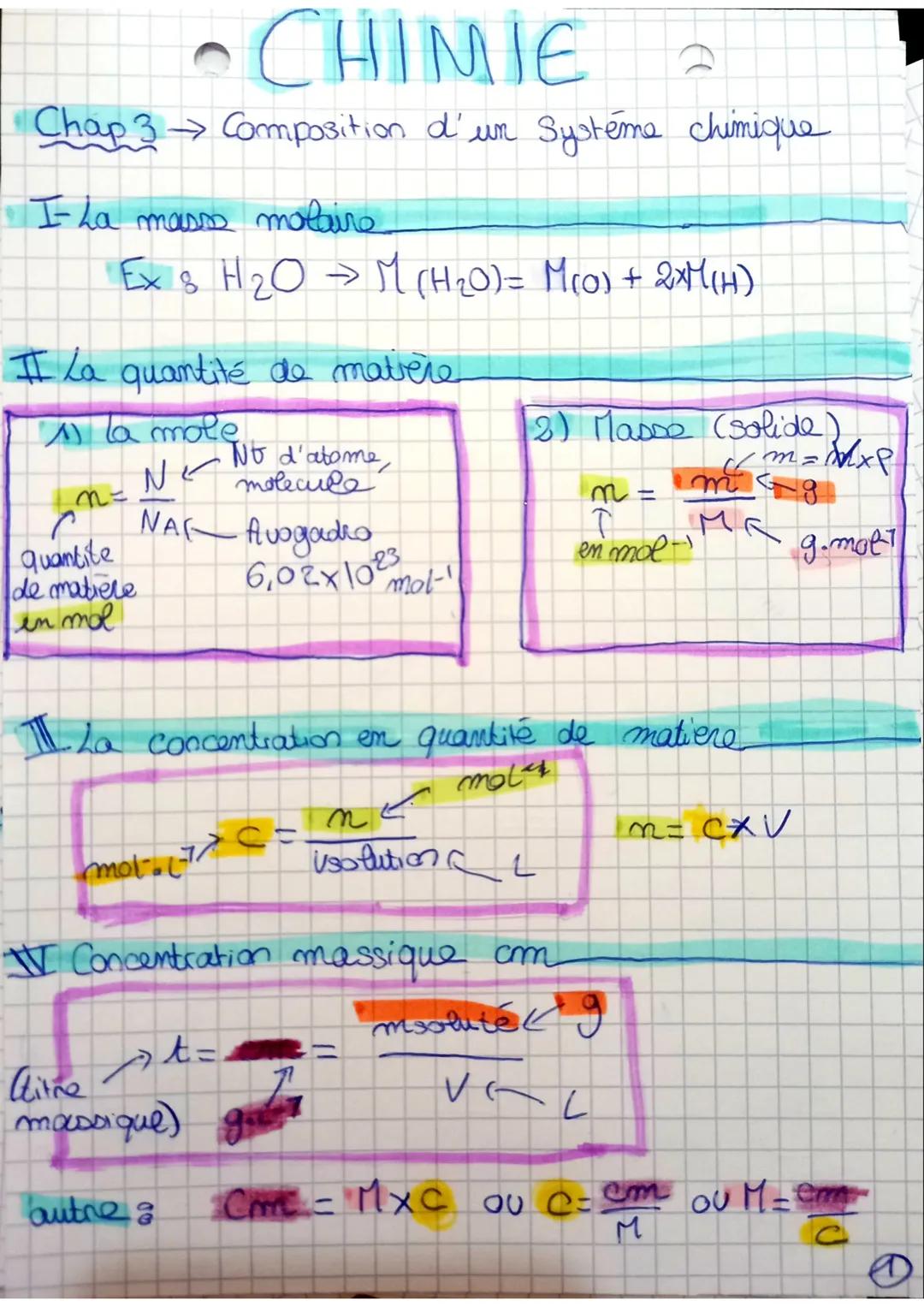 • CHIMIE
Chap3→ Composition d'un système chimique
• I- La masss molaire
Ex & H₂O → M (H₂O) = M(0) + 2XM (H)
I la quantité de matière
la mole