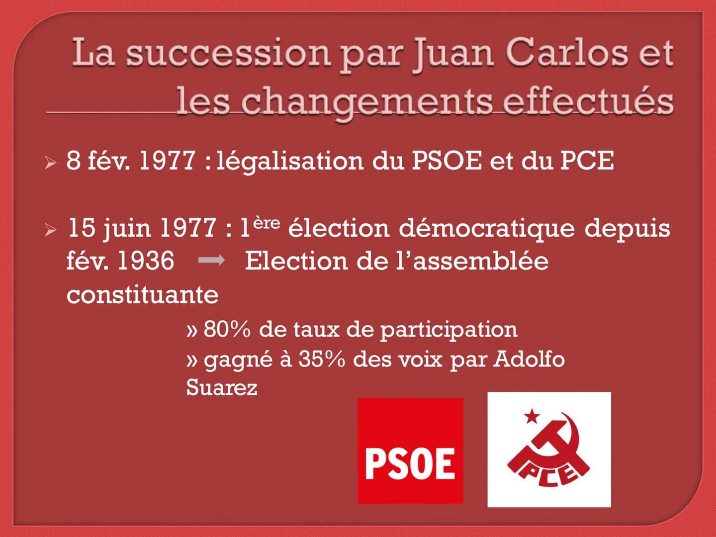 L'Espagne : la transition
démocratique de la mort de
Franco à l'adhésion à l'Union
Européenne Sommaire
1. La frise chronologique des étapes-