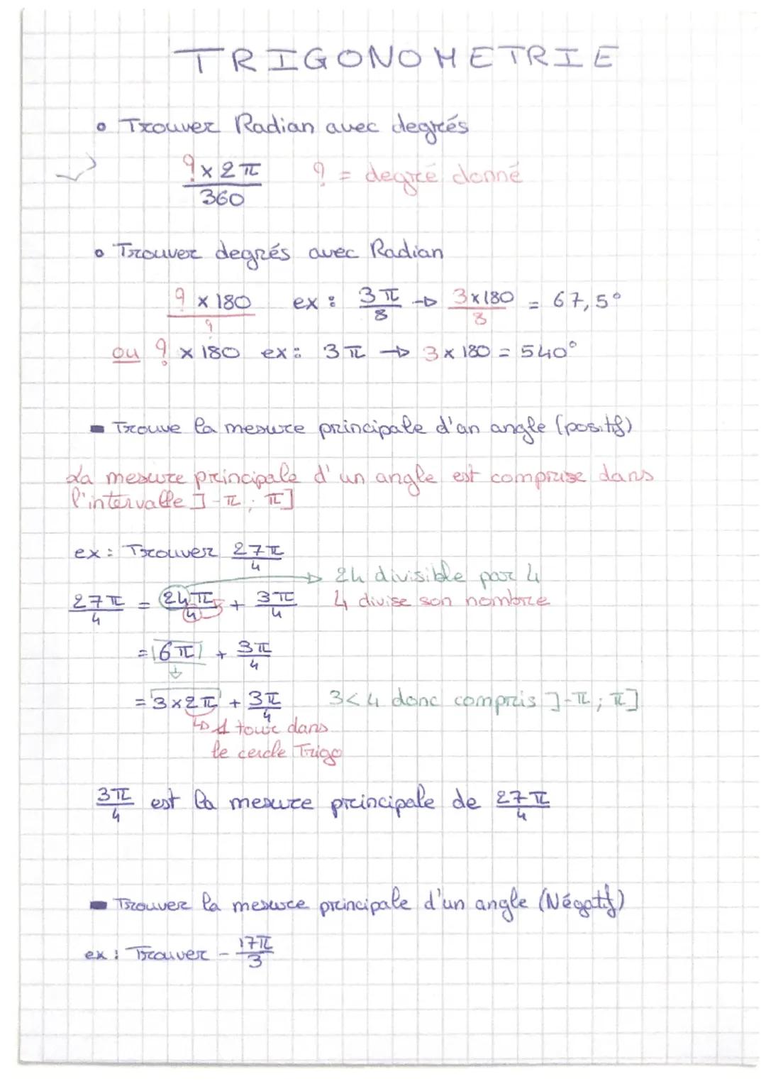 # TRIGONOMETRIE

• Trouver Radian avec degrés

$\frac{9 \times 2\pi}{360}$ 9 = dearre donné

• Trouver degrés avec Radian

$\frac{9 \times 1