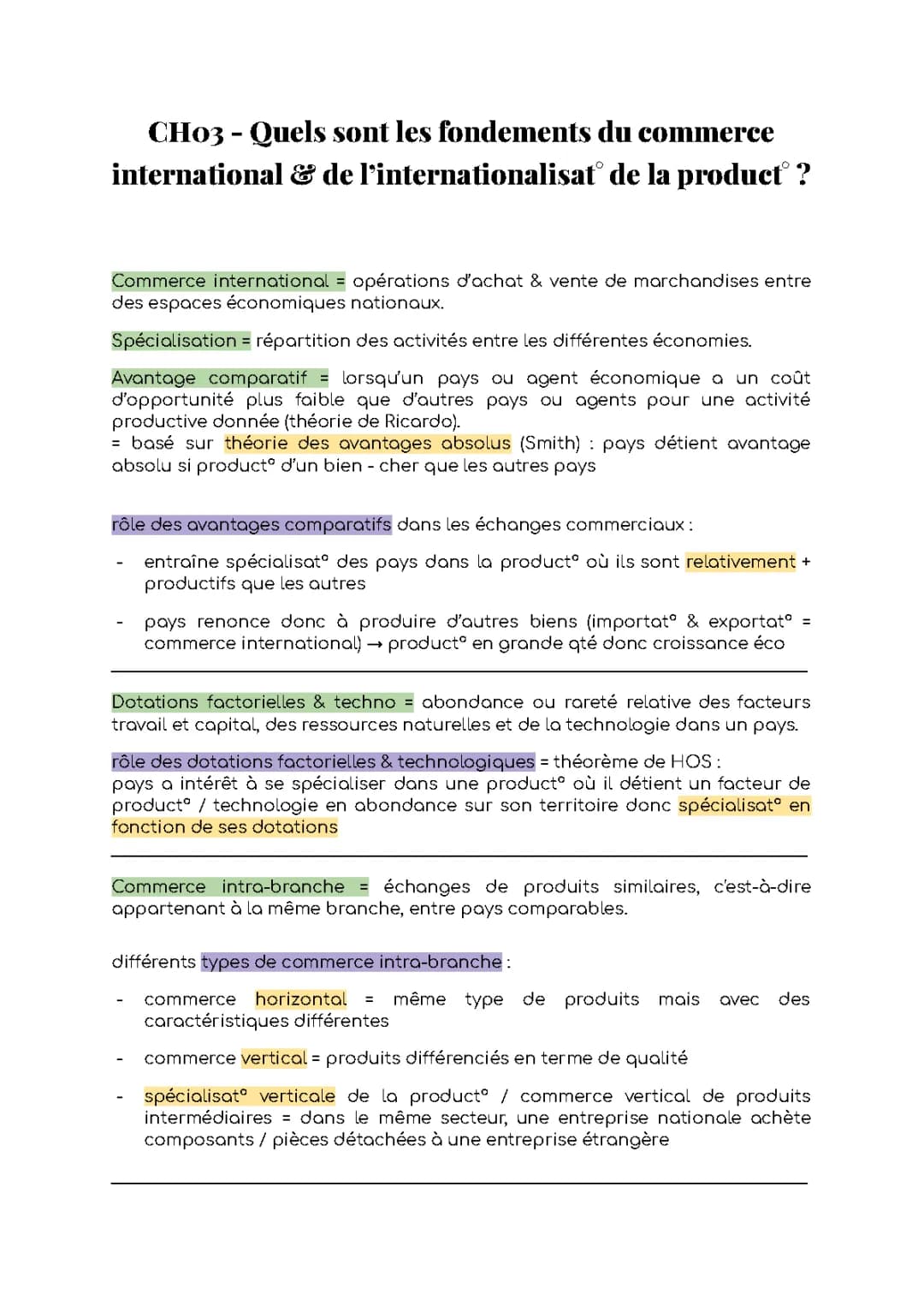 Fondements du Commerce International et Avantages Comparatifs PDF - Terminale SES