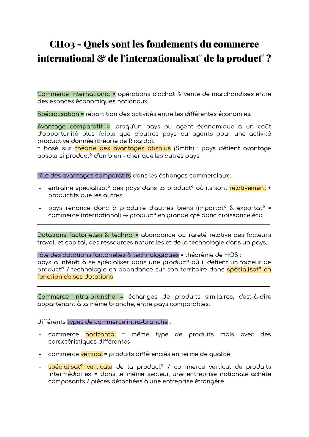 Fondements du Commerce International et Avantages Comparatifs PDF - Terminale SES