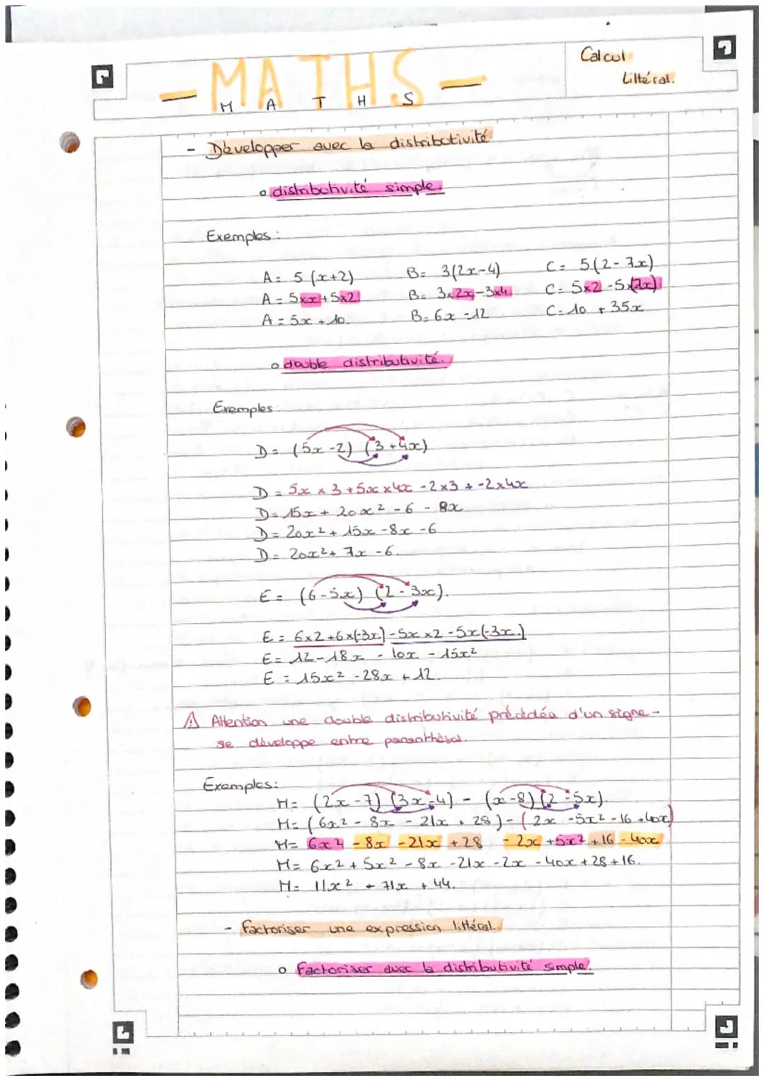 in
-MATHS
-
Développer avec la distributivité
• distribohvite simple.
Exemples:
A= 5 (x+2)
A = 5x + 5x2!
A = 5x + 10.
Exemples
a double dist