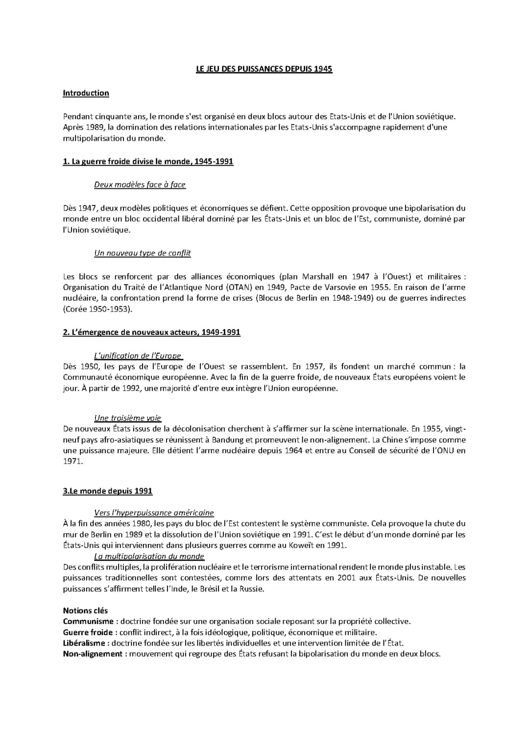  Le jeu des puissances dans les relations internationales depuis 1945