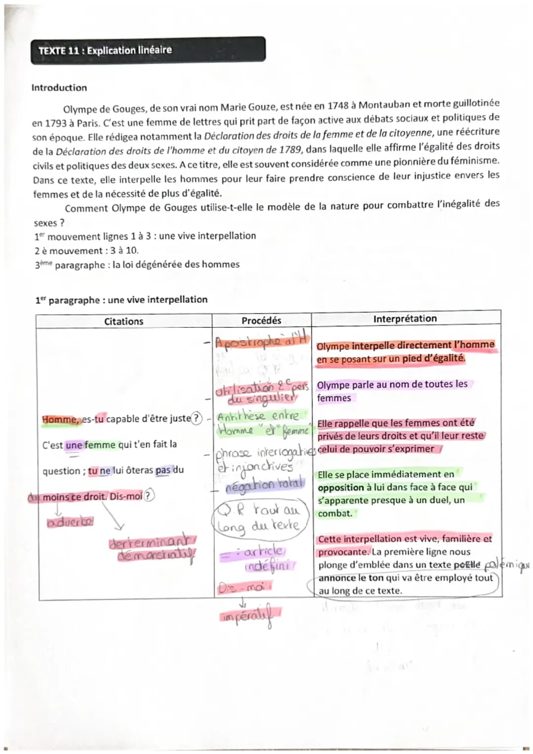 TEXTE 11: Explication linéaire
Introduction
Olympe de Gouges, de son vrai nom Marie Gouze, est née en 1748 à Montauban et morte guillotinée
