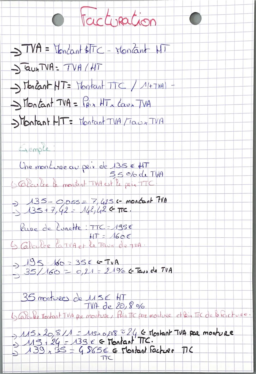 # Facturation

→TVA = Montant BTC - Montant HT

→TauxTVA: TVA/HT

→Montant HT: Yontant TTC/1/+TVA -

→Montant TVA = Prix HTX Laux TVA

→
Mon