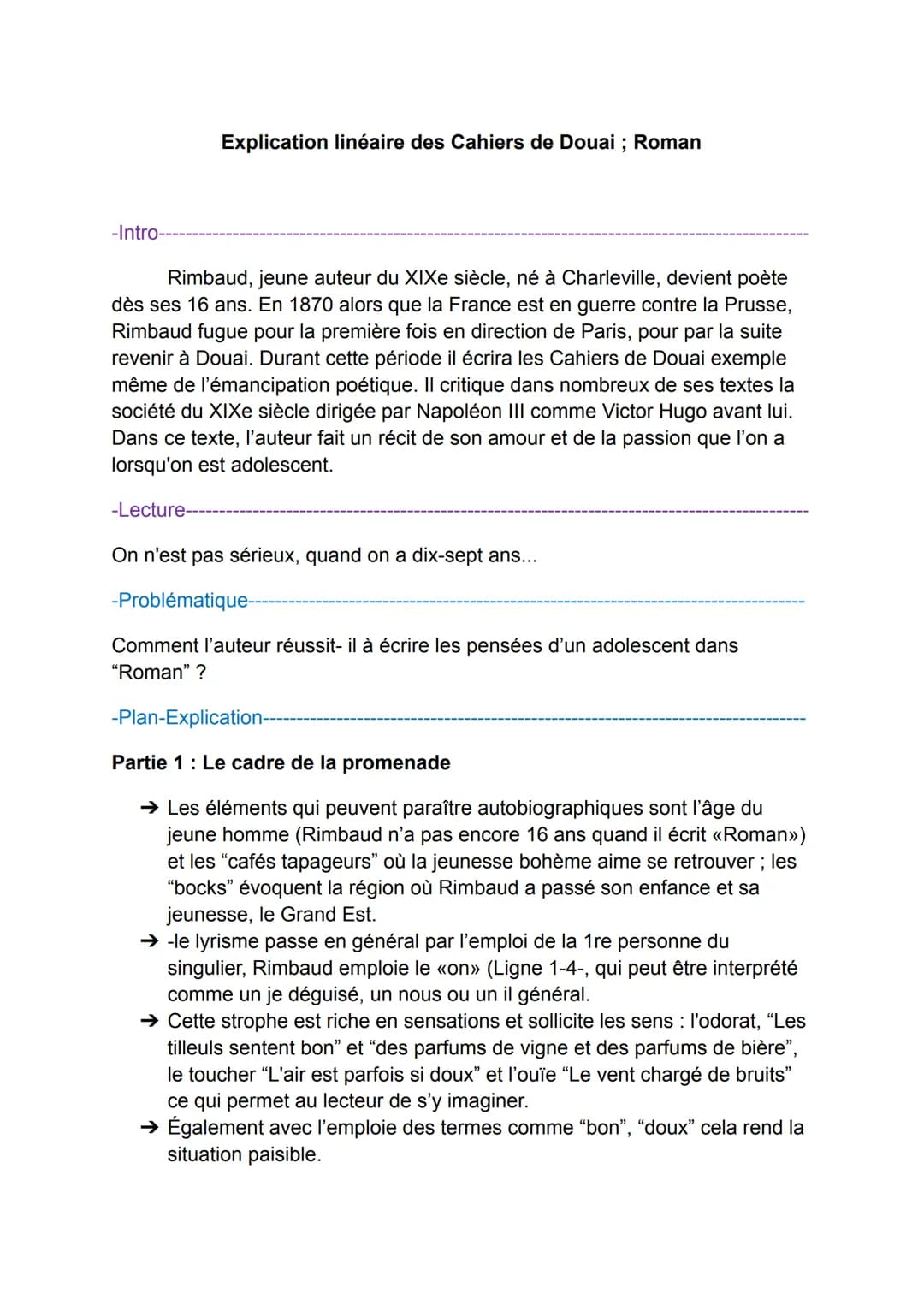 Explication linéaire des Cahiers de Douai ; Roman
-Intro-
Rimbaud, jeune auteur du XIXe siècle, né à Charleville, devient poète
dès ses 16 a