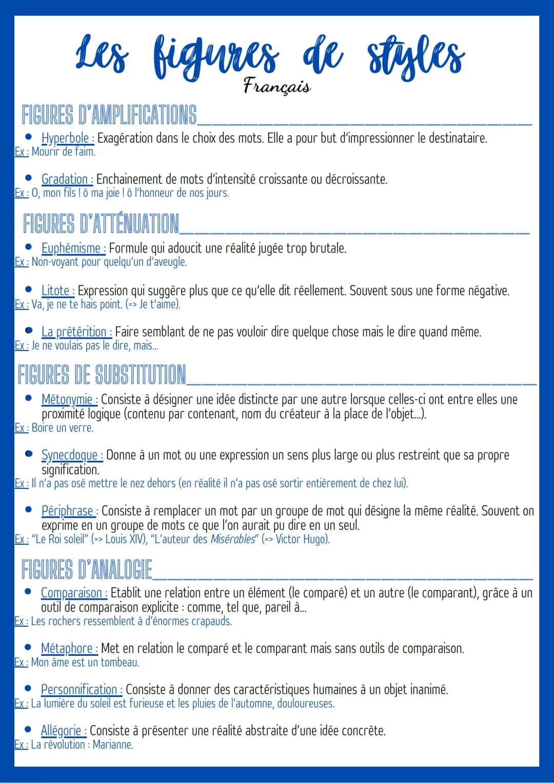 Les figures de styles
Français
FIGURES D'AMPLIFICATIONS
Hyperbole: Exagération dans le choix des mots. Elle a pour but d'impressionner le de