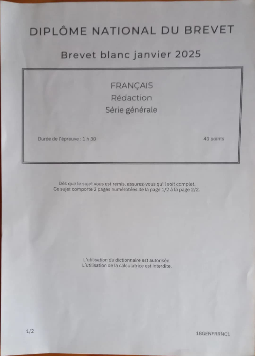 Sujet de rédaction de français DNB blanc