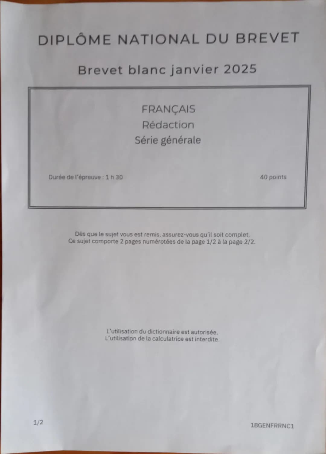 # DIPLÔME NATIONAL DU BREVET
Brevet blanc janvier 2025

## FRANÇAIS
Rédaction
Série générale

Durée de l'épreuve: 1 h 30  40 points

Dès que