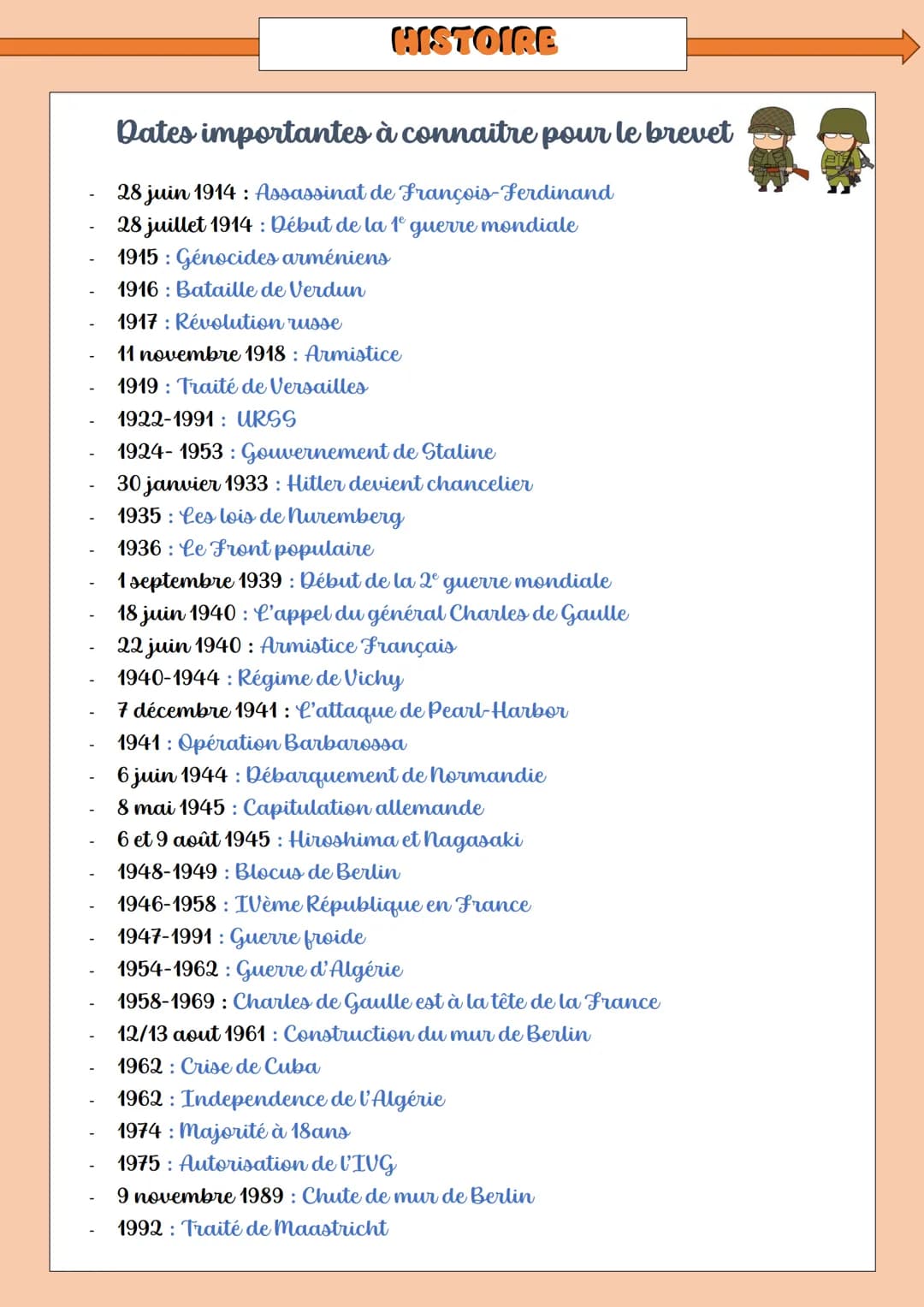 HISTOIRE
Dates importantes à connaitre pour le brevet
28 juin 1914 Assassinat de François-Ferdinand
28 juillet 1914: Début de la 1° guerre m