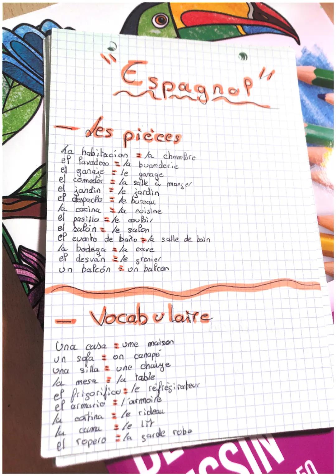 "Espagnol"

- des pièces

La habitacion = la champore
ef ep lavadero = la buanderie
el garaje le garage
el comedor la salle à manger
el jand