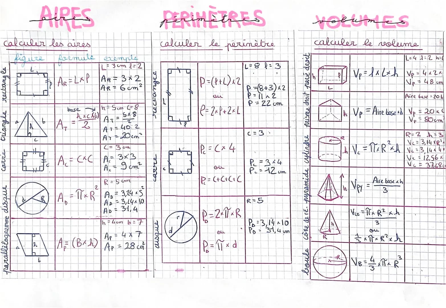 AIRES
calculer les aires
figure
carre triangle rectangle
parallitogramme disque
A
C
HHL
TO
b
formule exemple
L=3cm 1 = 2
A₁ = LxP |A₁ = 3x2
