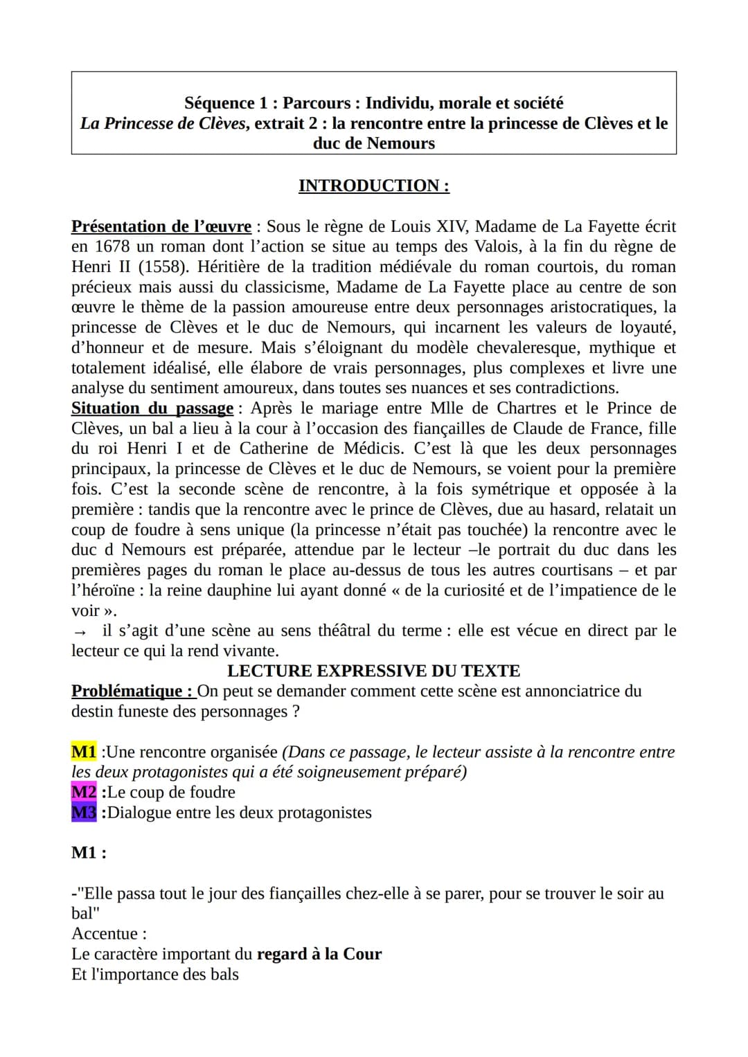 Séquence 1: Parcours : Individu, morale et société
La Princesse de Clèves, extrait 2 : la rencontre entre la princesse de Clèves et le
duc d