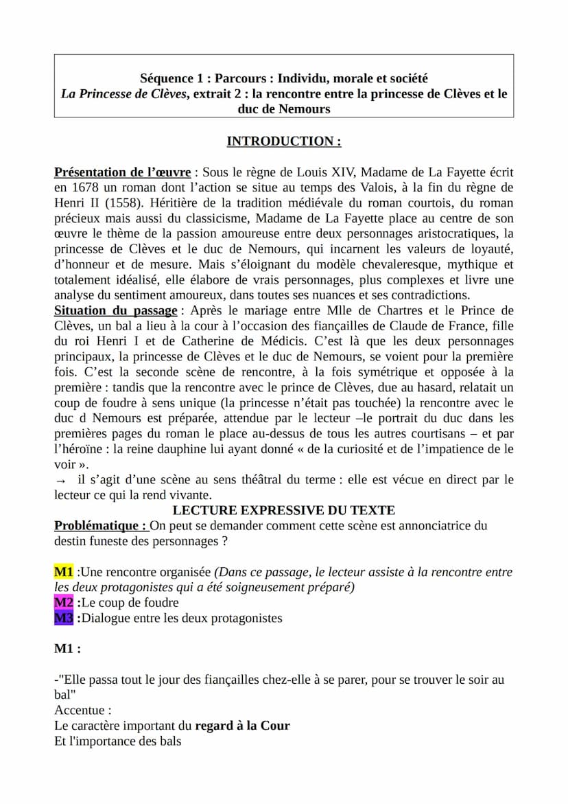 Séquence 1: Parcours : Individu, morale et société
La Princesse de Clèves, extrait 2 : la rencontre entre la princesse de Clèves et le
duc d
