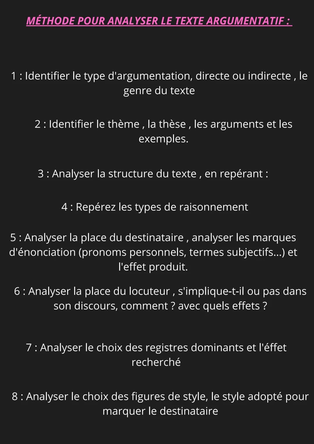 MÉTHODE POUR ANALYSER LE TEXTE ARGUMENTATIF :
1: Identifier le type d'argumentation, directe ou indirecte, le
genre du texte
2: Identifier l