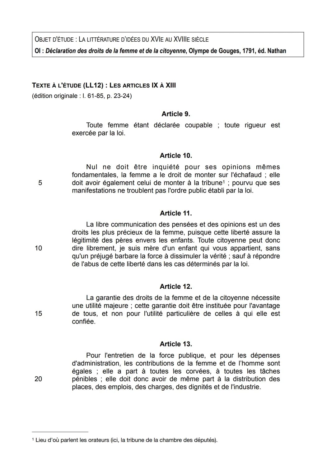 OBJET D'ÉTUDE: LA LITTÉRATURE D'IDÉES DU XVIE AU XVIIIE SIÈCLE
Ol : Déclaration des droits de la femme et de la citoyenne, Olympe de Gouges,