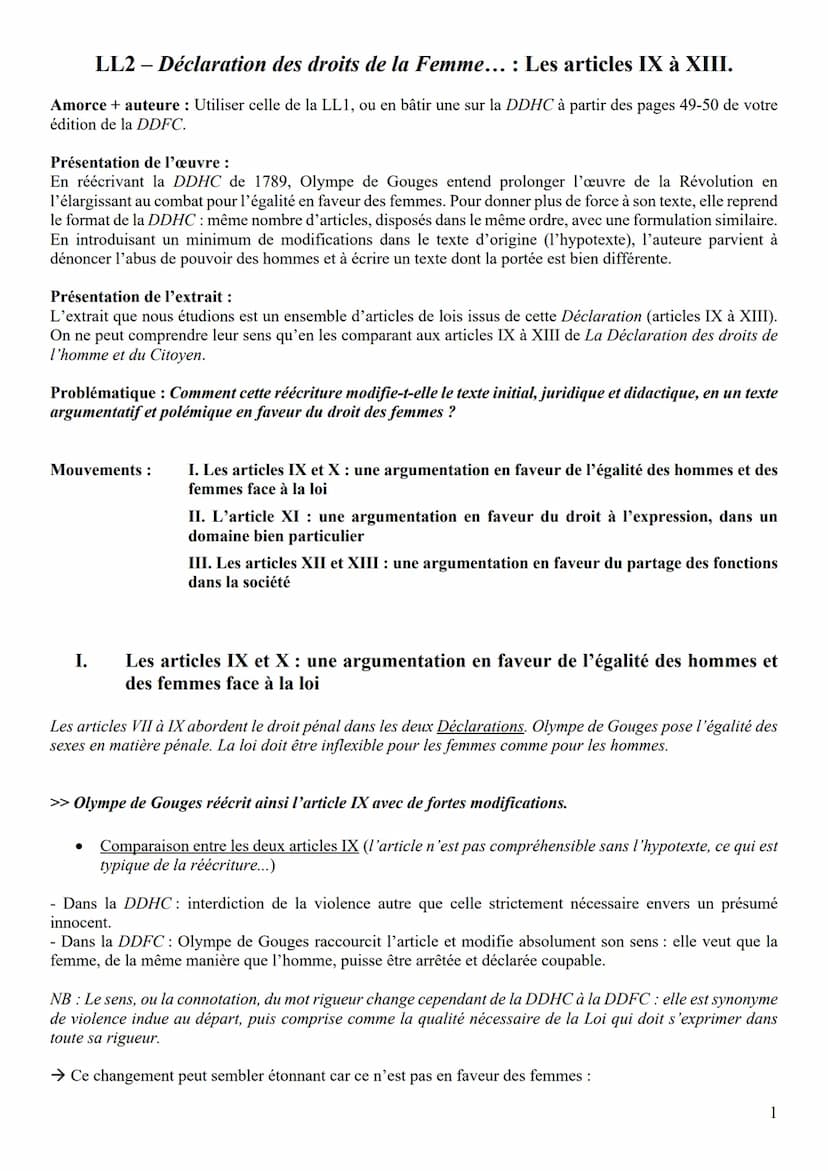 OBJET D'ÉTUDE: LA LITTÉRATURE D'IDÉES DU XVIE AU XVIIIE SIÈCLE
Ol : Déclaration des droits de la femme et de la citoyenne, Olympe de Gouges,