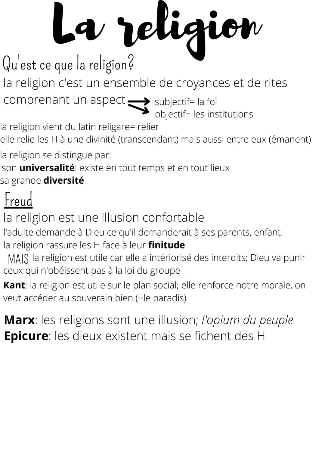 La religion
Qu'est ce que la religion?
la religion c'est un ensemble de croyances et de rites
comprenant un aspect subjectif- la foi
objecti