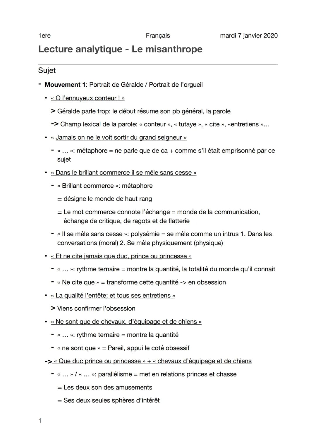1ere
Lecture analytique - Le misanthrope
Sujet
Français
1
mardi 7 janvier 2020
Mouvement 1: Portrait de Géralde / Portrait de l'orgueil
●
<<