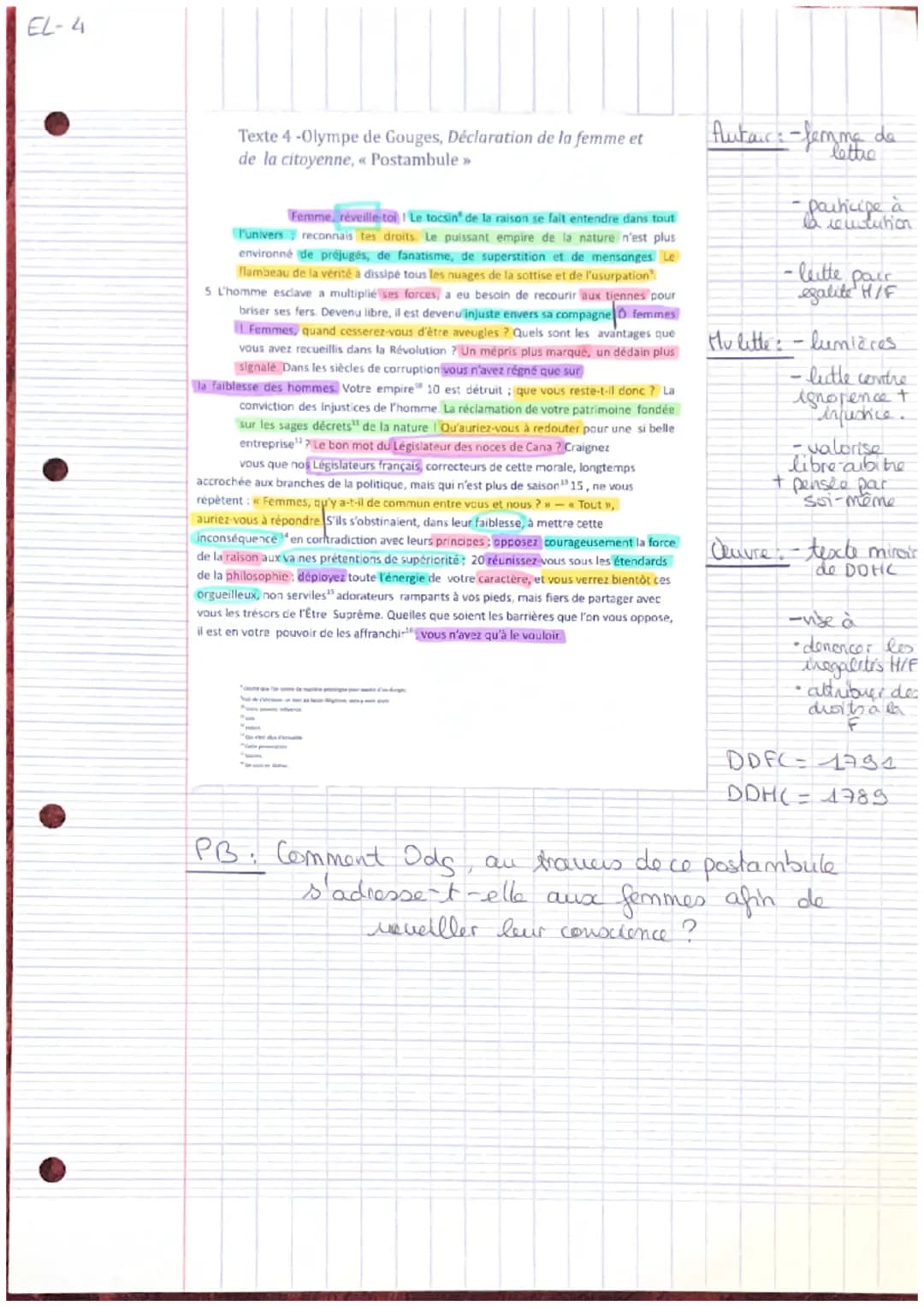 EL-4
Texte 4-Olympe de Gouges, Déclaration de la femme et
de la citoyenne, << Postambule >>
Femme réveille-toi ! Le tocsin de la raison se f