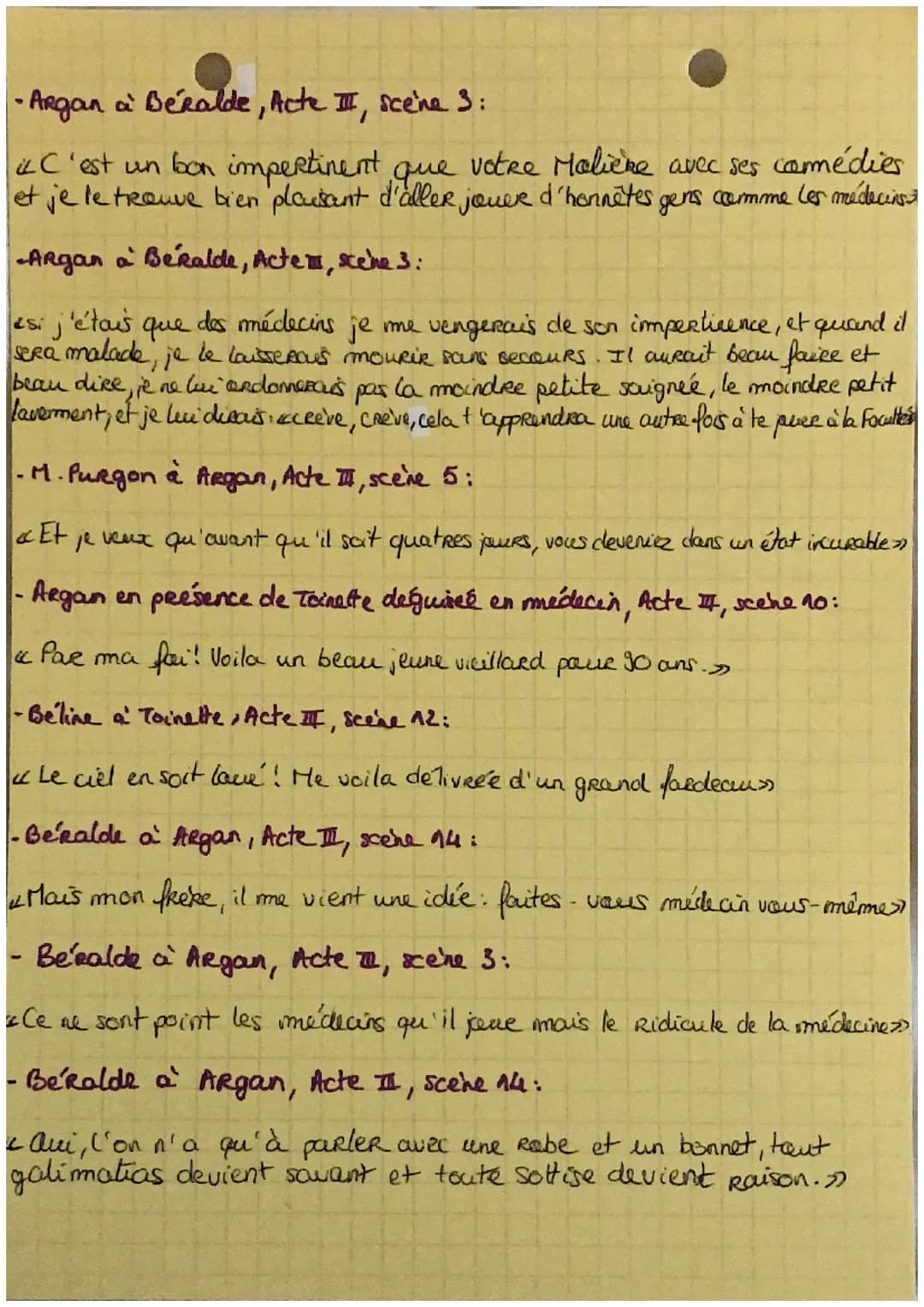 
<p>Voici quelques citations clés du Malade Imaginaire de Molière:</p>
<ul>
<li><p>Toinette à Argan, Acte I, scène 2:<br />
« Ce monsieur Fl