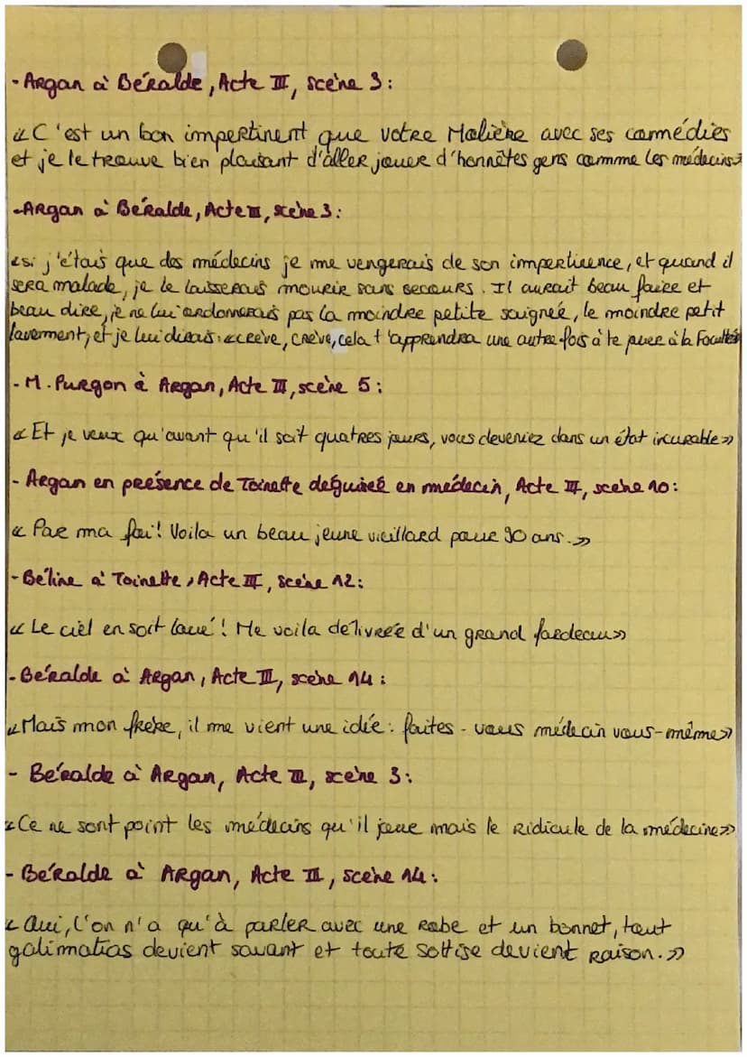 
<p>Voici quelques citations clés du Malade Imaginaire de Molière:</p>
<ul>
<li><p>Toinette à Argan, Acte I, scène 2:<br />
« Ce monsieur Fl