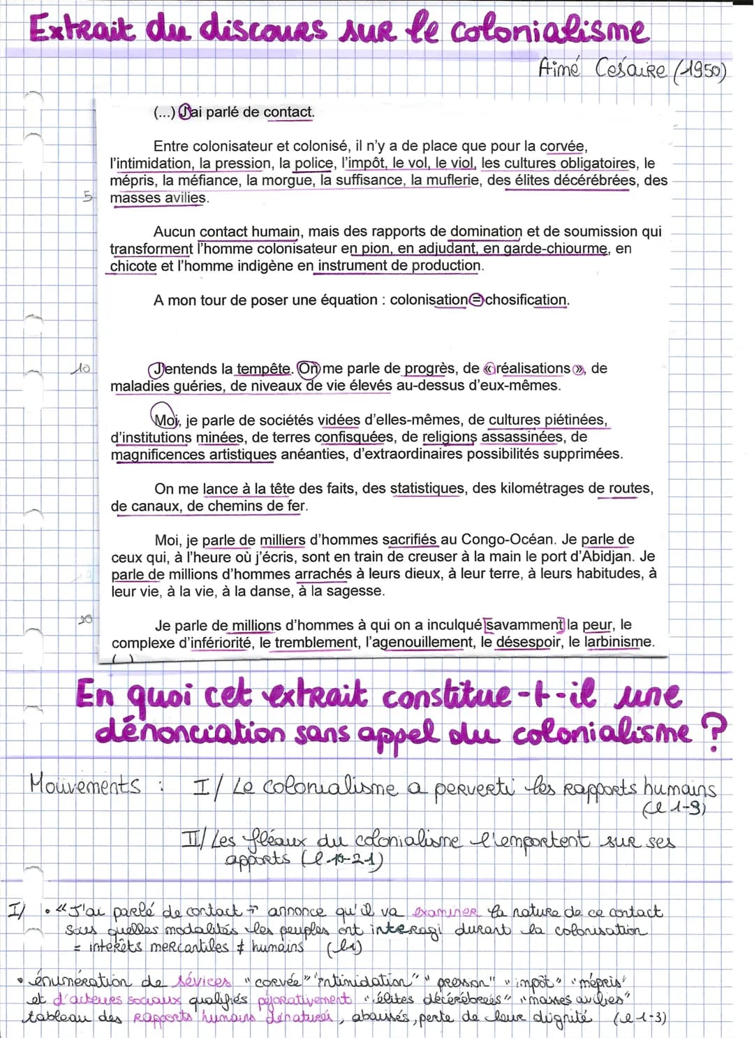 ♥
Extrait du discours sur le colonialisme
5
Ho
Aime Cesaire (1950)
(...) Bai parlé de contact.
Entre colonisateur et colonisé, il n'y a de p