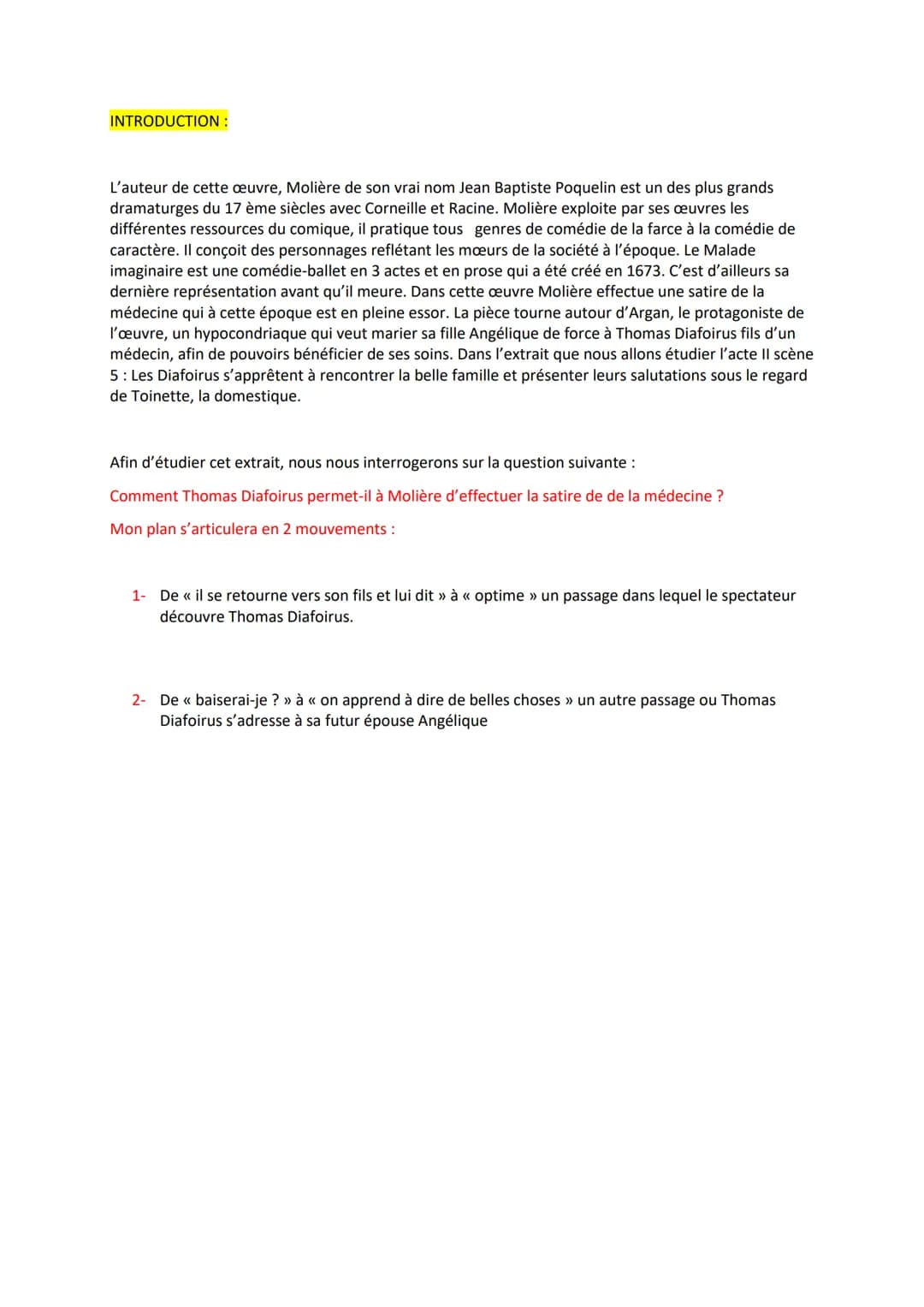 Objet d'étude : Le Théâtre du 17 ème au 21 ème siècle PA: Spectacle et Comédie
Texte 1: Acte II scène 5 (extrait du Malade Imaginaire)
Monsi