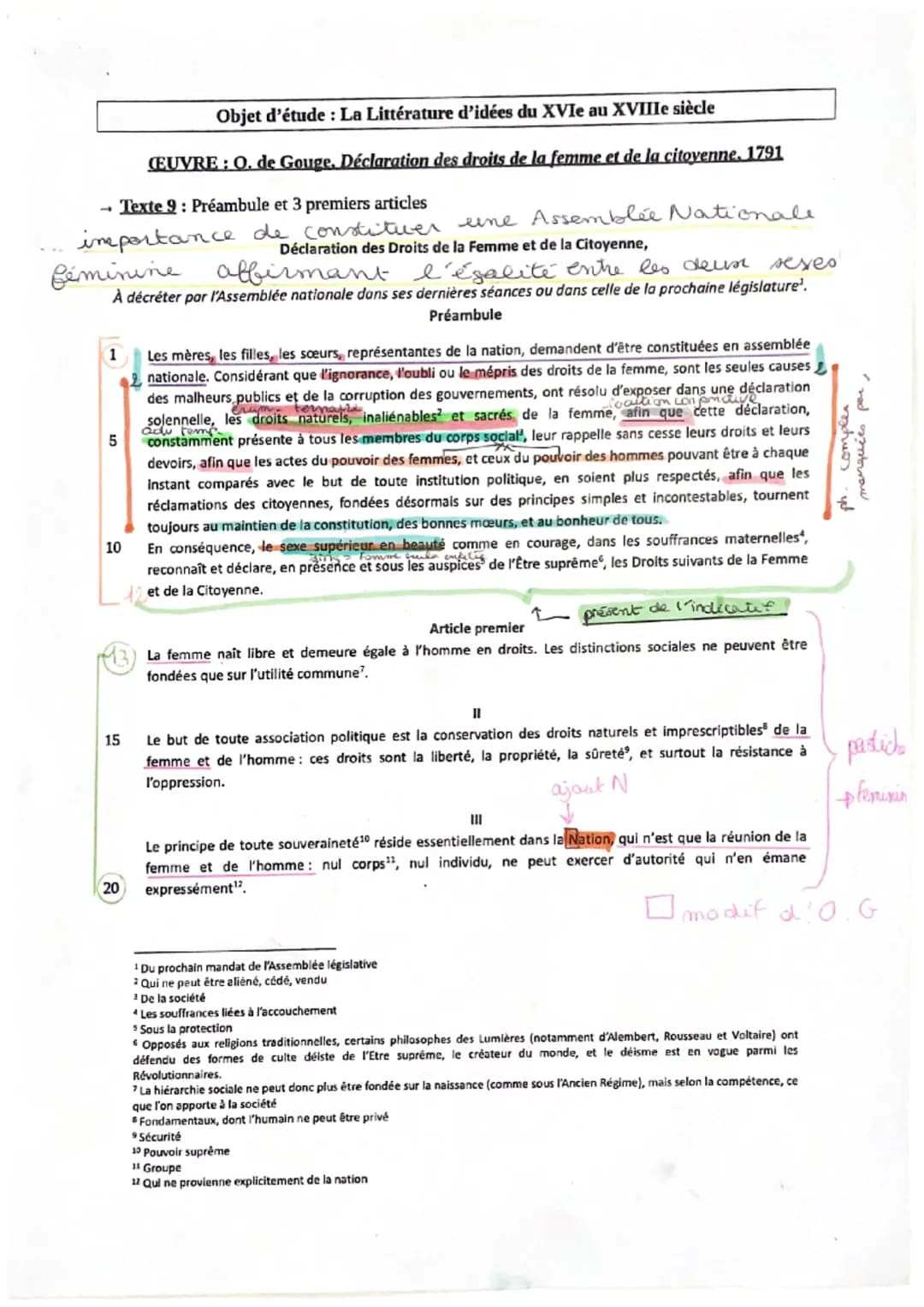 Fiche de synthèse n°9: Préambule et 3 premiers
articles, Déclaration des droits de la femme et de la
citoyenne, Olympe de Gouges
Introductio