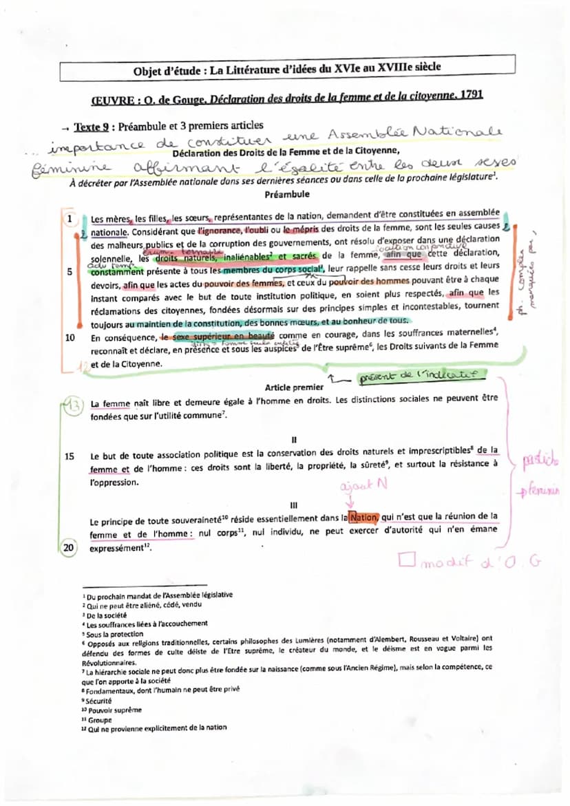 Fiche de synthèse n°9: Préambule et 3 premiers
articles, Déclaration des droits de la femme et de la
citoyenne, Olympe de Gouges
Introductio