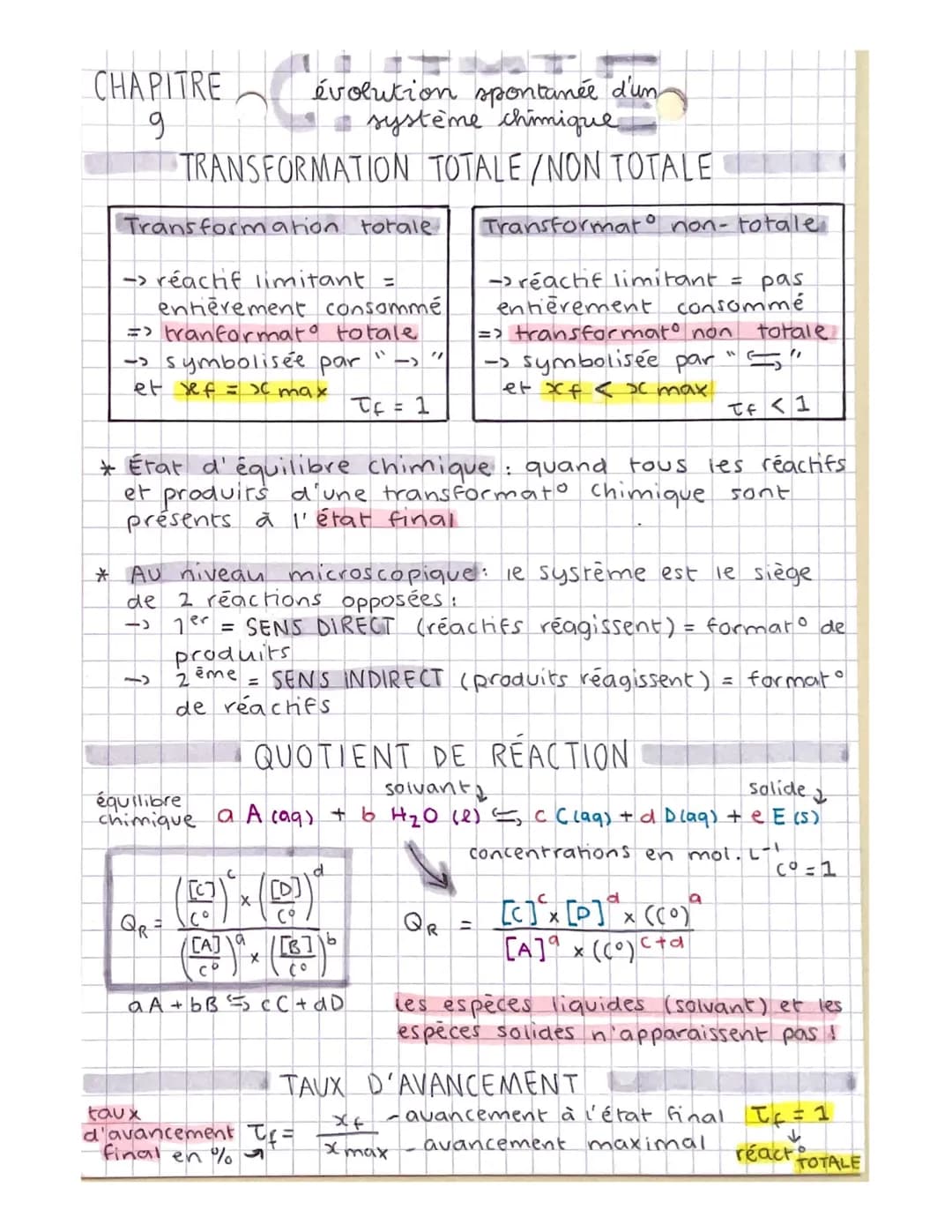 CHAPITRE
g
Transformation totale. Transformat non- totale.
-> réactif limitant =
entièrement consommé
=> tranformato totale
-> symbolisée pa