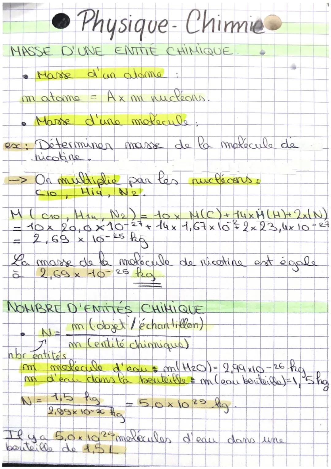 # Physique-Chimie

MASSE D'UNE ENTTIE CHIMIQUE

*   Masse d'un atorme

$matome = A x mm nucleons.$

*	Masse d'une molécule:

ex: Déterminer 