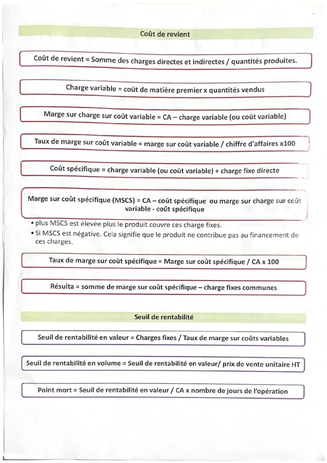 Les calcule à connaître pour la MSGN
Chiffre d'affaire = prix de vente x quantités vendus
Si le CA diminue > cela signifie que ou peut indiq