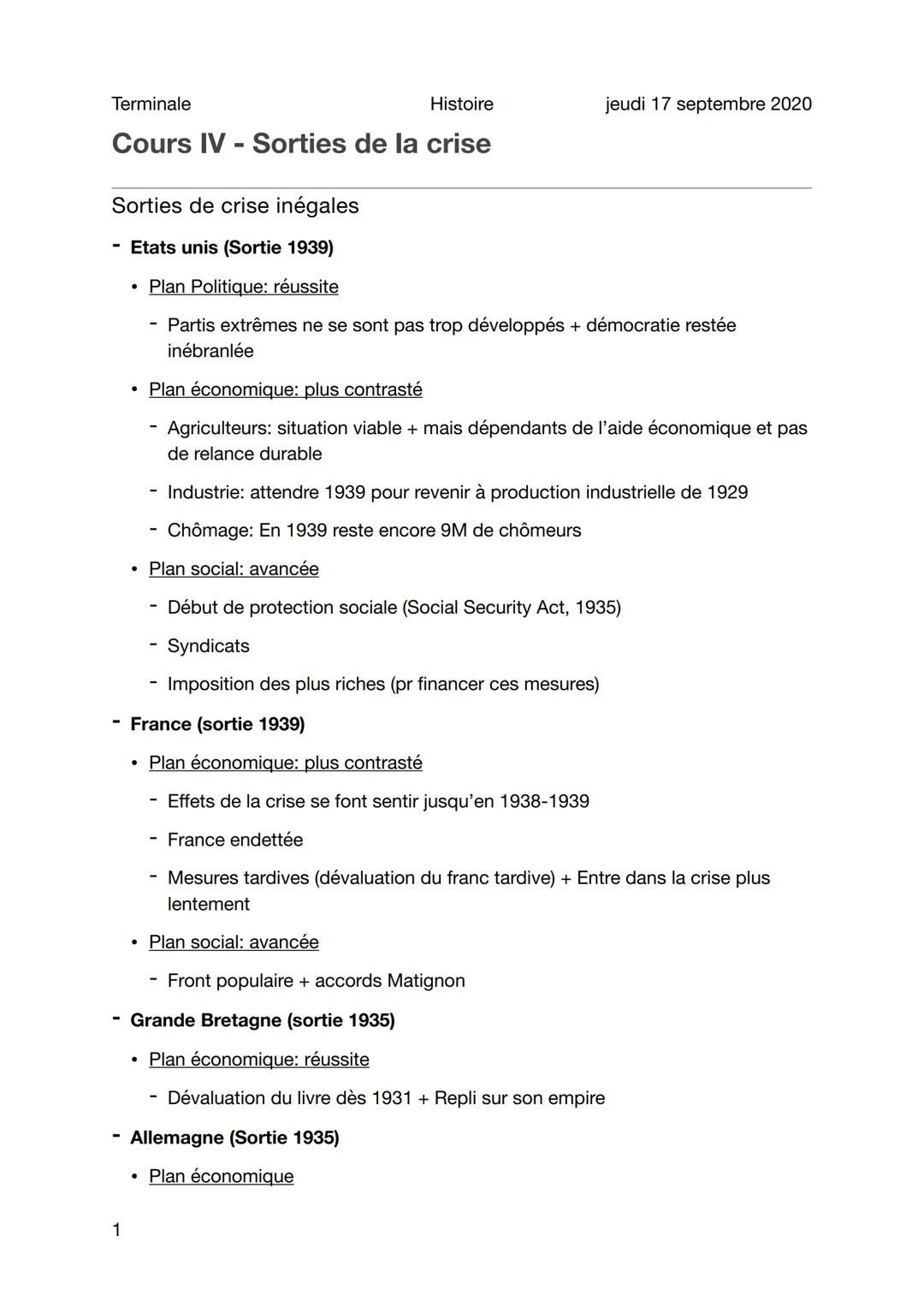 Terminale
Histoire
Cours IV - Sorties de la crise
Sorties de crise inégales
Etats unis (Sortie 1939)
Plan Politique: réussite
1
●
●
●
jeudi 