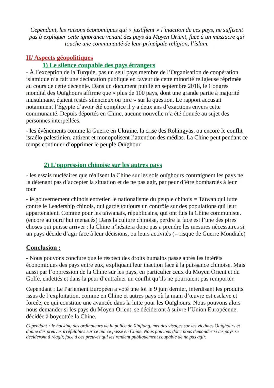 Grand Oral
Pourquoi la scène internationale laisse-t-elle faire les violences envers le
peuple ouïghour ?
Intro :
- accroche : Le 15 juillet