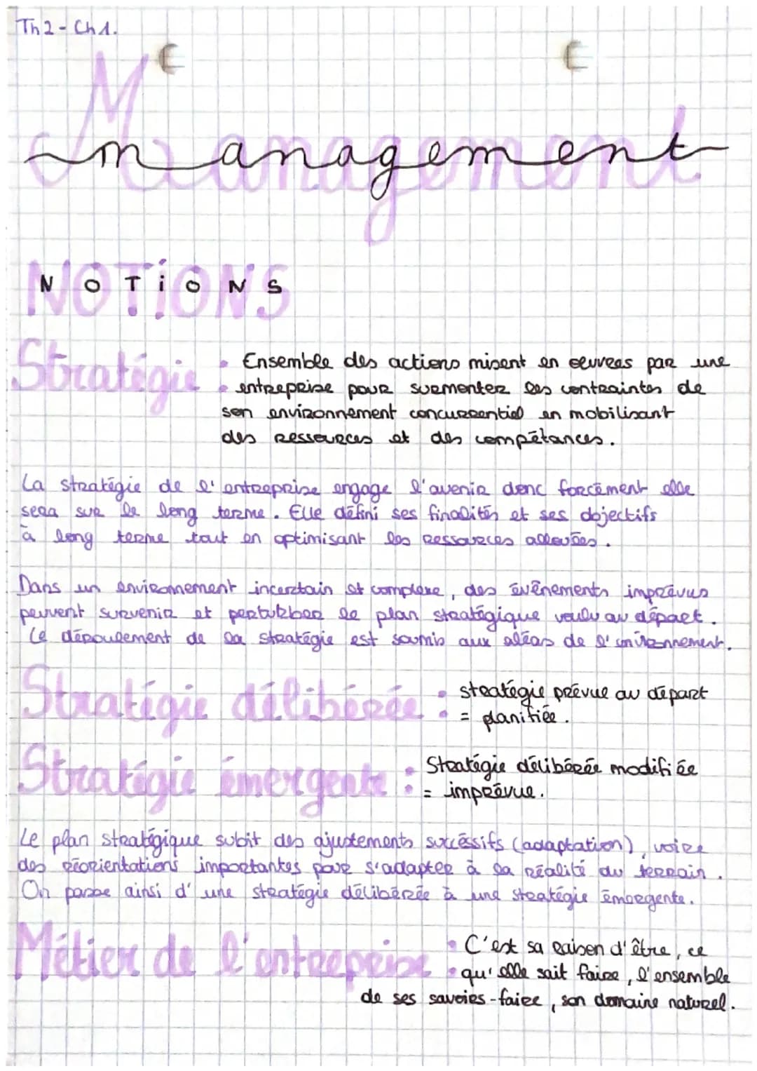 Th2-Chl.
этапад
ападет
NOTIONS
Stratégie
E
en nt
Ensemble des actions misent en servers par une
entreprise pour surmenter les contraintes de