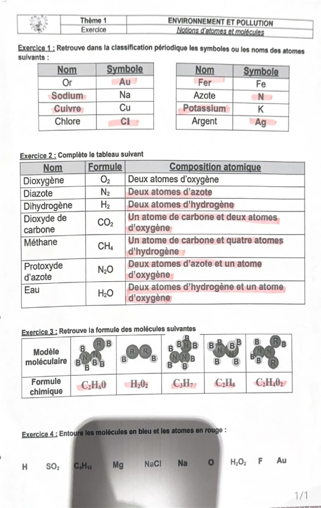 Thème 1
Exercice
ENVIRONNEMENT ET POLLUTION
Notions d'atomes et molécules
Exercice 1: Retrouve dans la classification périodique les symbole