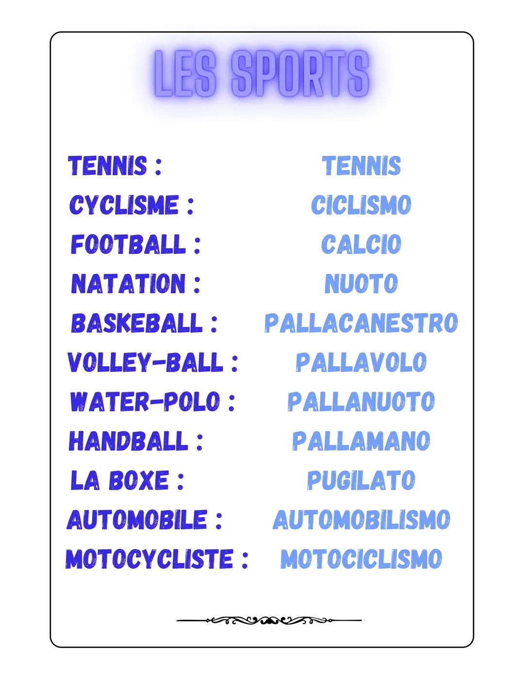 Les différents sports 🇮🇹