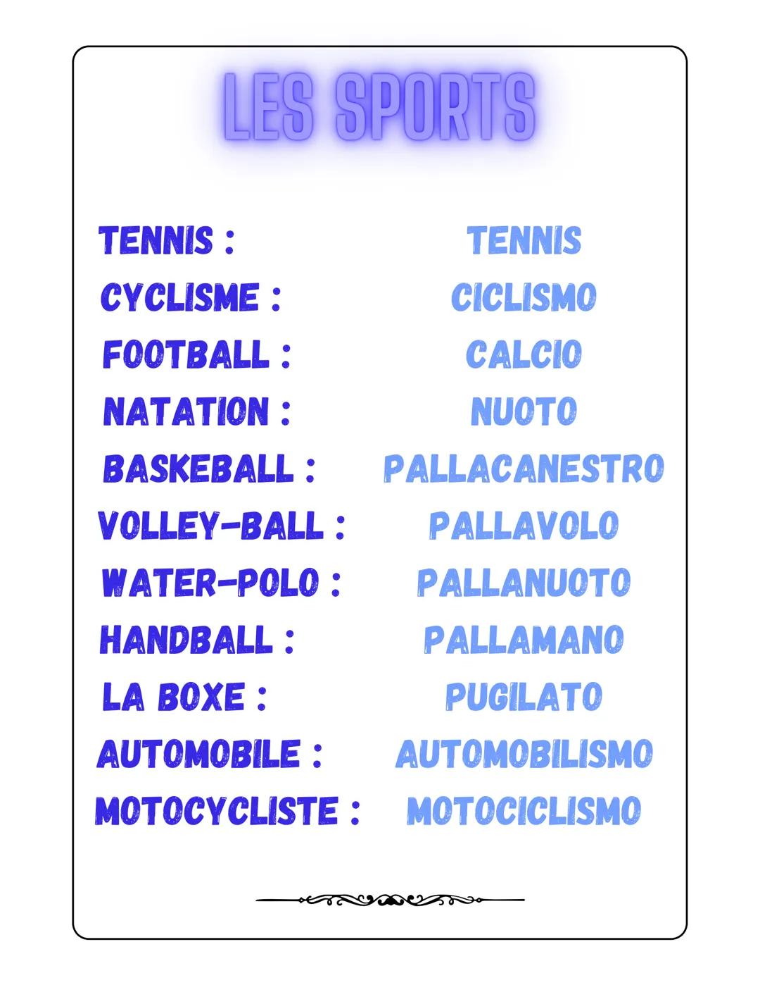 LES SPORTS
TENNIS:
CYCLISME:
FOOTBALL:
NATATION :
TENNIS
CICLISMO
CALCIO
NUOTO
BASKEBALL: PALLACANESTRO
VOLLEY-BALL
: PALLAVOLO
WATER-POLO :