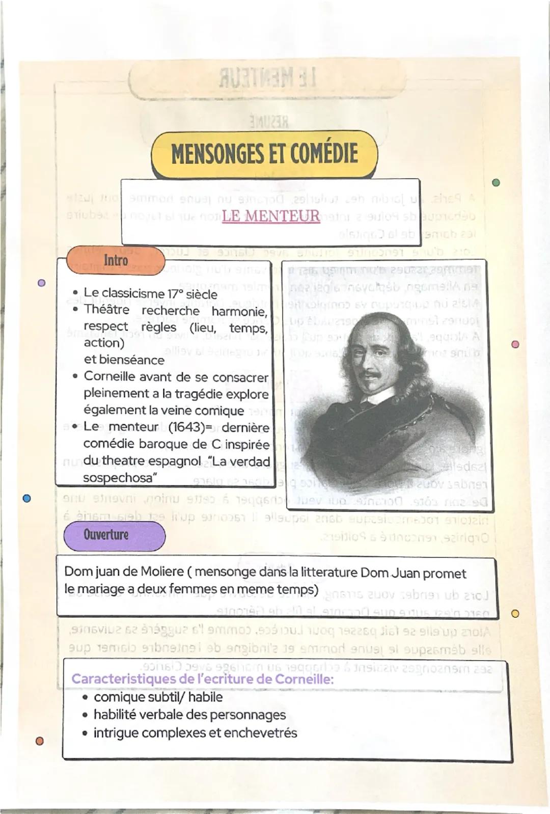 --- OCR Start ---
Ο
MENSONGES ET COMÉDIE
eniubše neеты и полLE MENTEUR
Intro
• Le classicisme 17° siècle
• Théâtre recherche harmonie,
respe