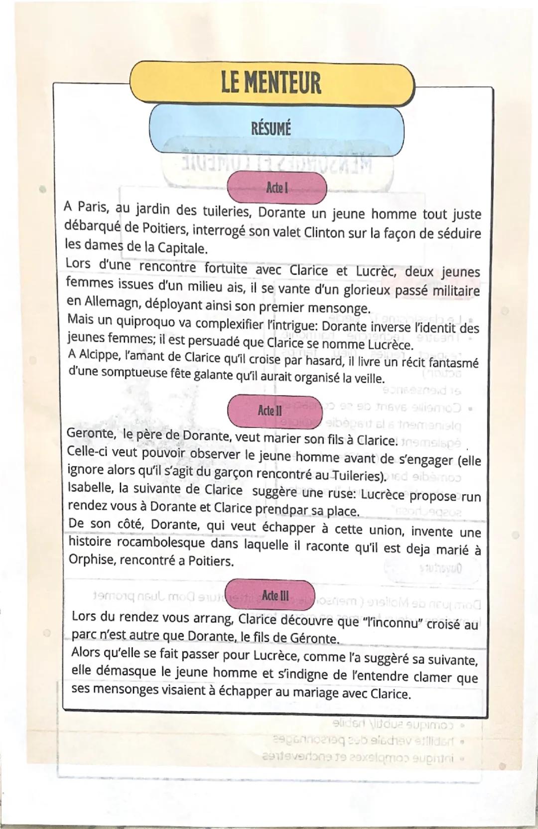 --- OCR Start ---
Ο
MENSONGES ET COMÉDIE
eniubše neеты и полLE MENTEUR
Intro
• Le classicisme 17° siècle
• Théâtre recherche harmonie,
respe