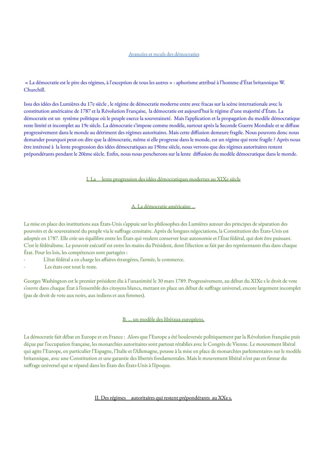 Avancées et reculs des démocraties
<< La démocratie est le pire des régimes, à l'exception de tous les autres » : aphorisme attribué à l'hom