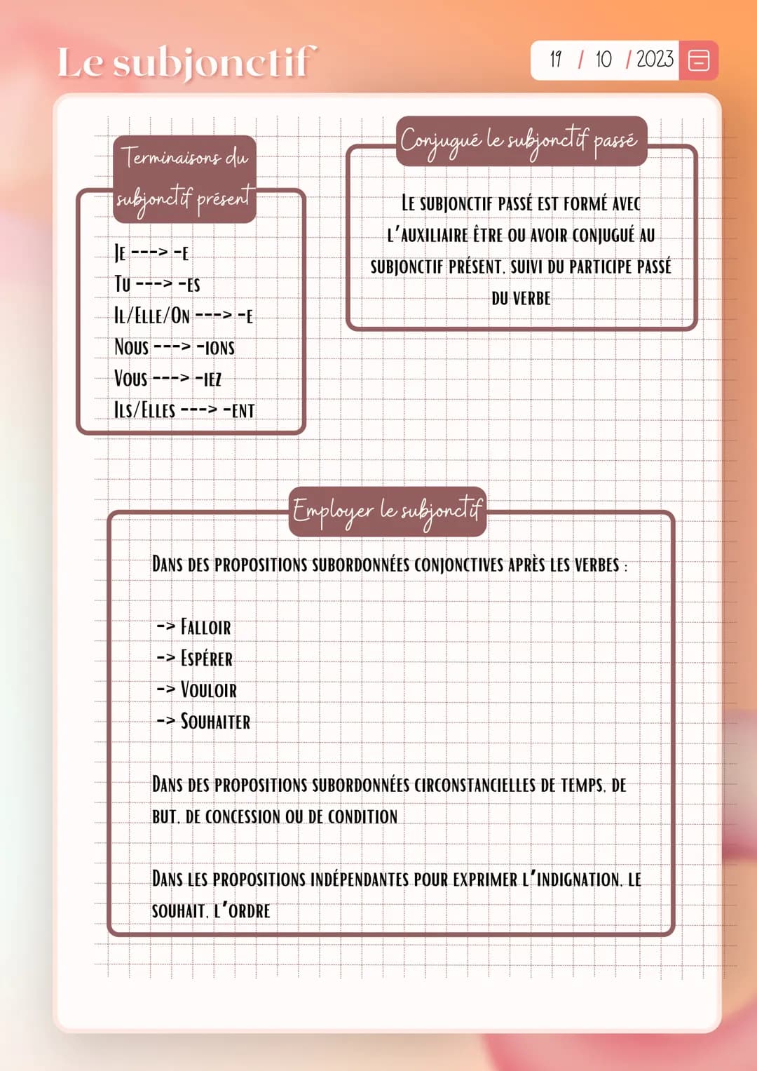 Le subjonctif
Terminaisons du
subjonctif présent
JE ----E
Tu -
----ES
IL/ELLE/ON--->-E
Nous ----IONS
Vous- --->-IEZ
ILS/ELLES-
--->-ENT
-> F