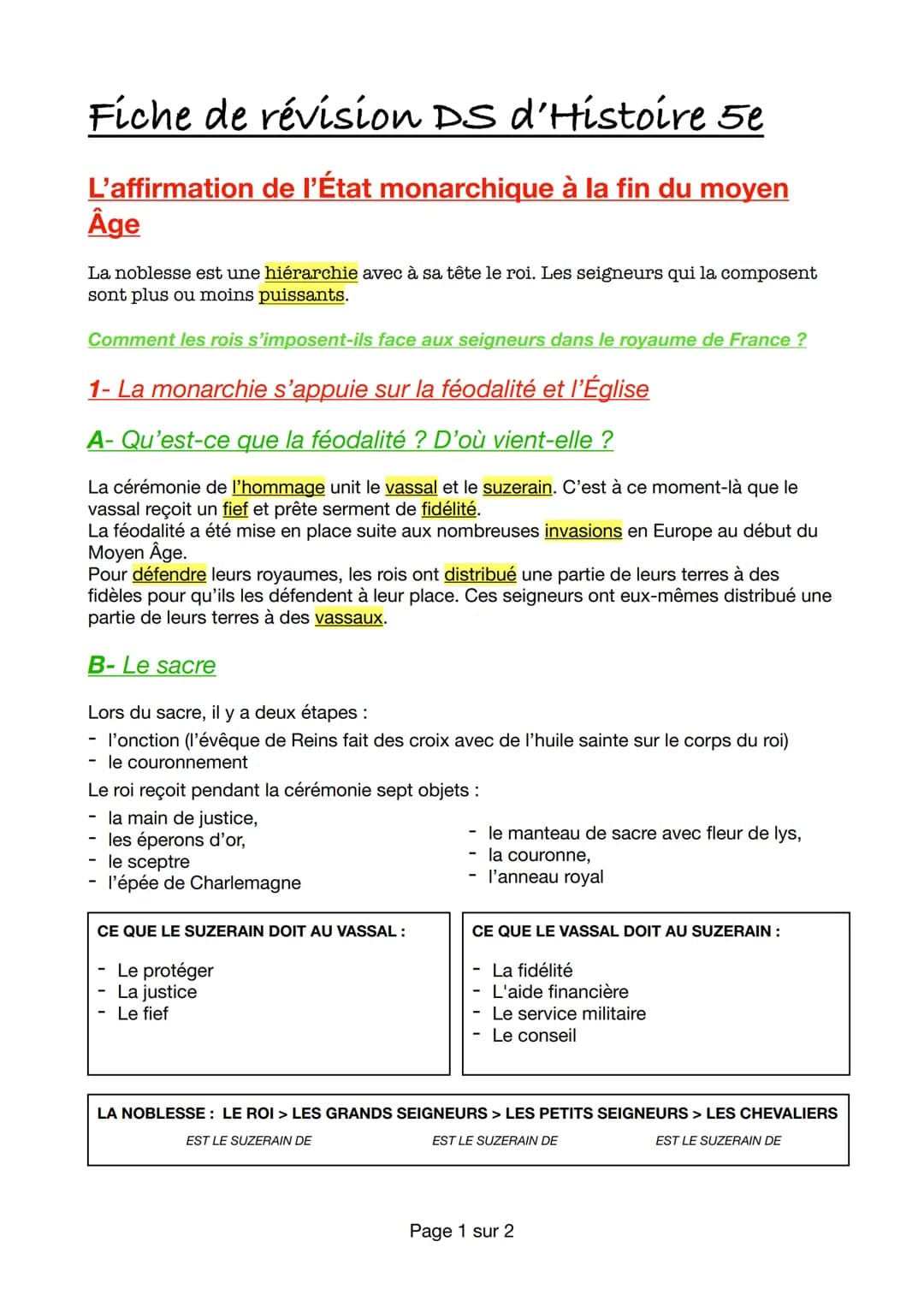 Fiche de révision DS d'Histoire 5e
L'affirmation de l'État monarchique à la fin du moyen
Âge
La noblesse est une hiérarchie avec à sa tête l