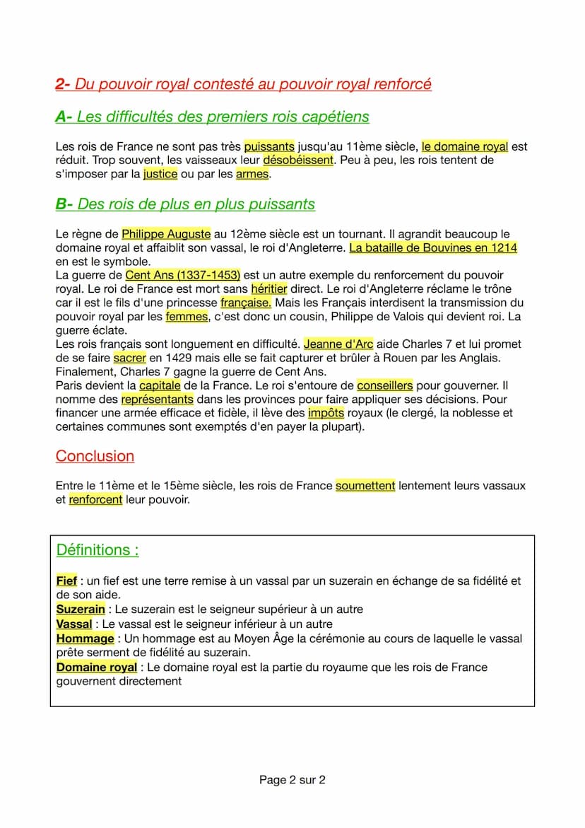 Fiche de révision DS d'Histoire 5e
L'affirmation de l'État monarchique à la fin du moyen
Âge
La noblesse est une hiérarchie avec à sa tête l