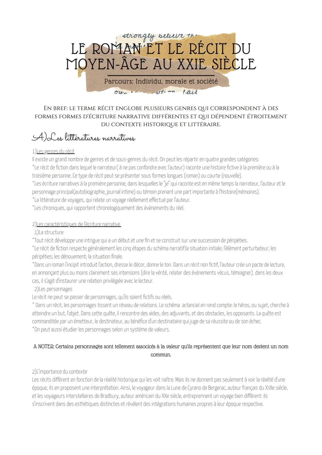 strongly believe the
LE ROMAN ET LE RÉCIT DU
MOYEN-ÂGE AU XXIE SIÈCLE
Parcours: Individu, morale et société
uti an
lail
ou
EN BREF: LE TERME