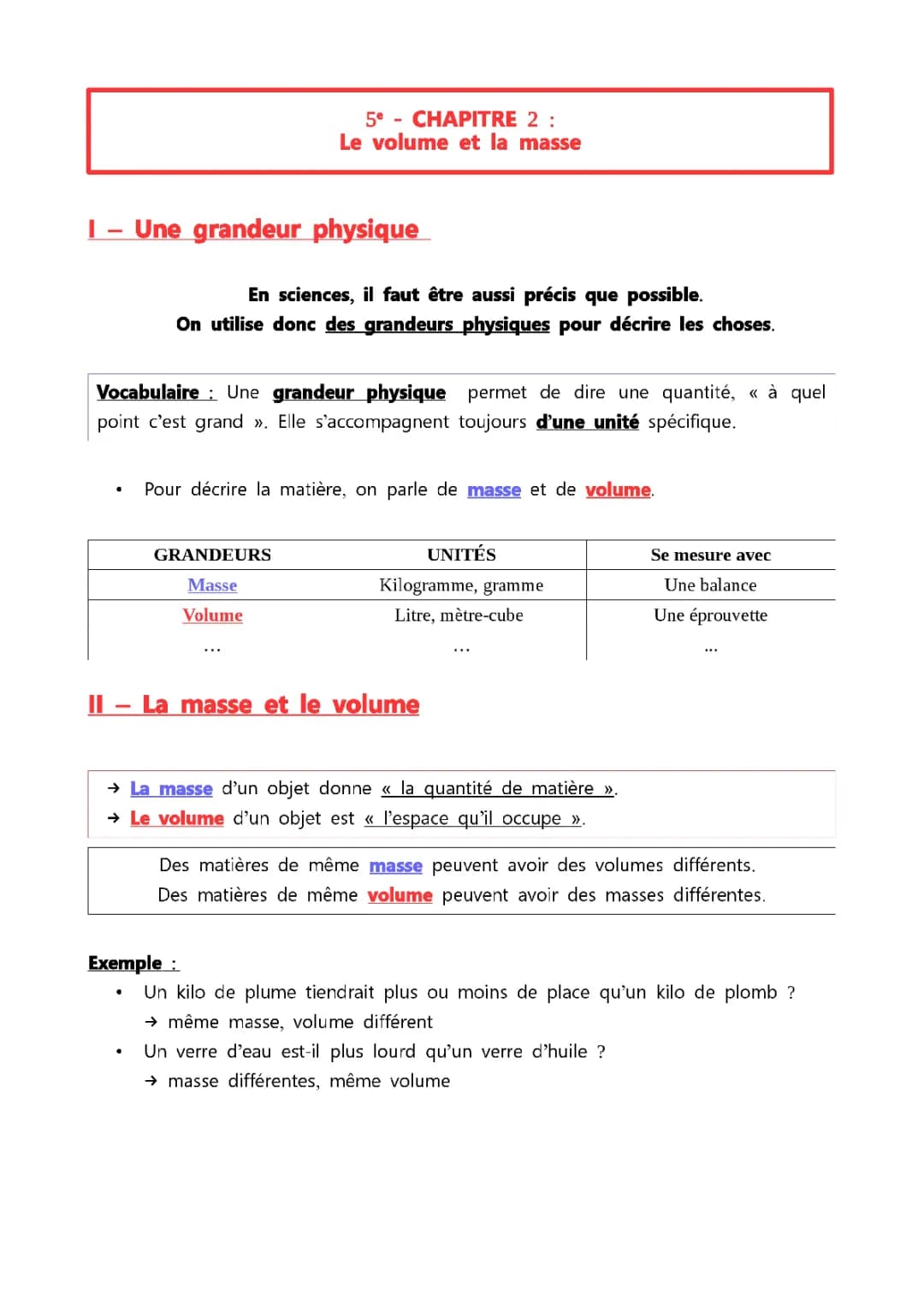 masse et volume